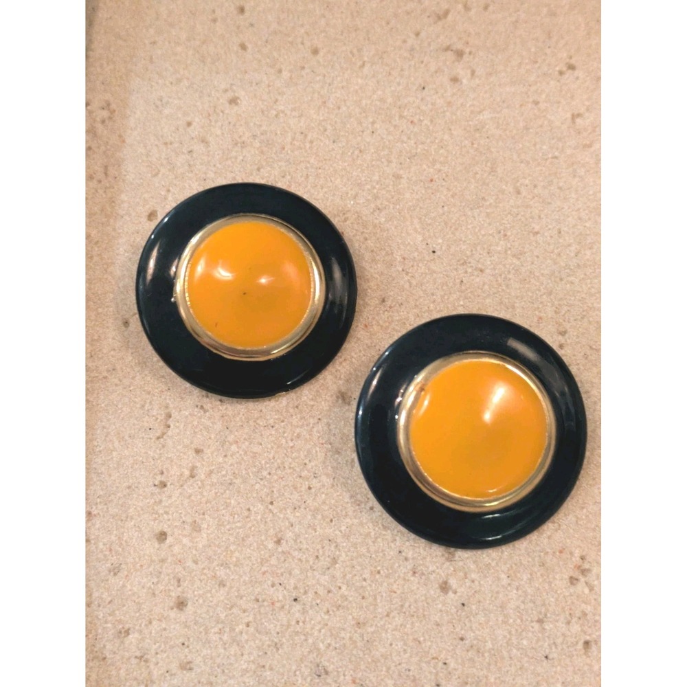 Vintage 80's Stud Earrings In Orange & Midnight Blue Enamel Round Bold Large‎